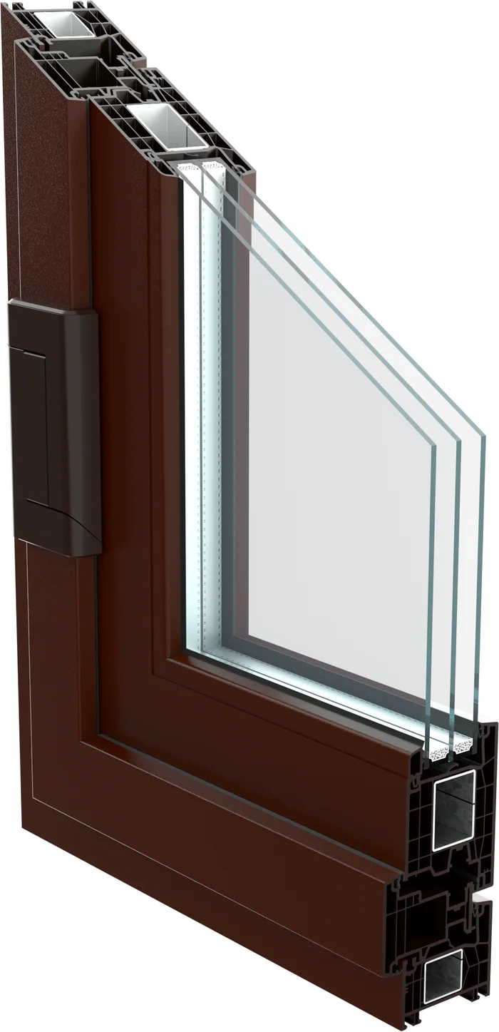 Esquema de sección de una ventana pivotante sobre perfil Kömmerling 76, según la fábrica. La hoja gira sobre un eje y permite hojas grandes que se limpian desde dentro, útil en plantas altas sin acceso exterior.