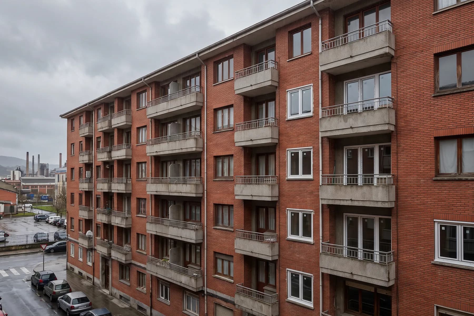 Bloque con los mismos huecos repetidos en cada planta. Cuando cambian varios vecinos a la vez, el precio por hueco tipo baja porque se reparten la fabricación y el montaje.