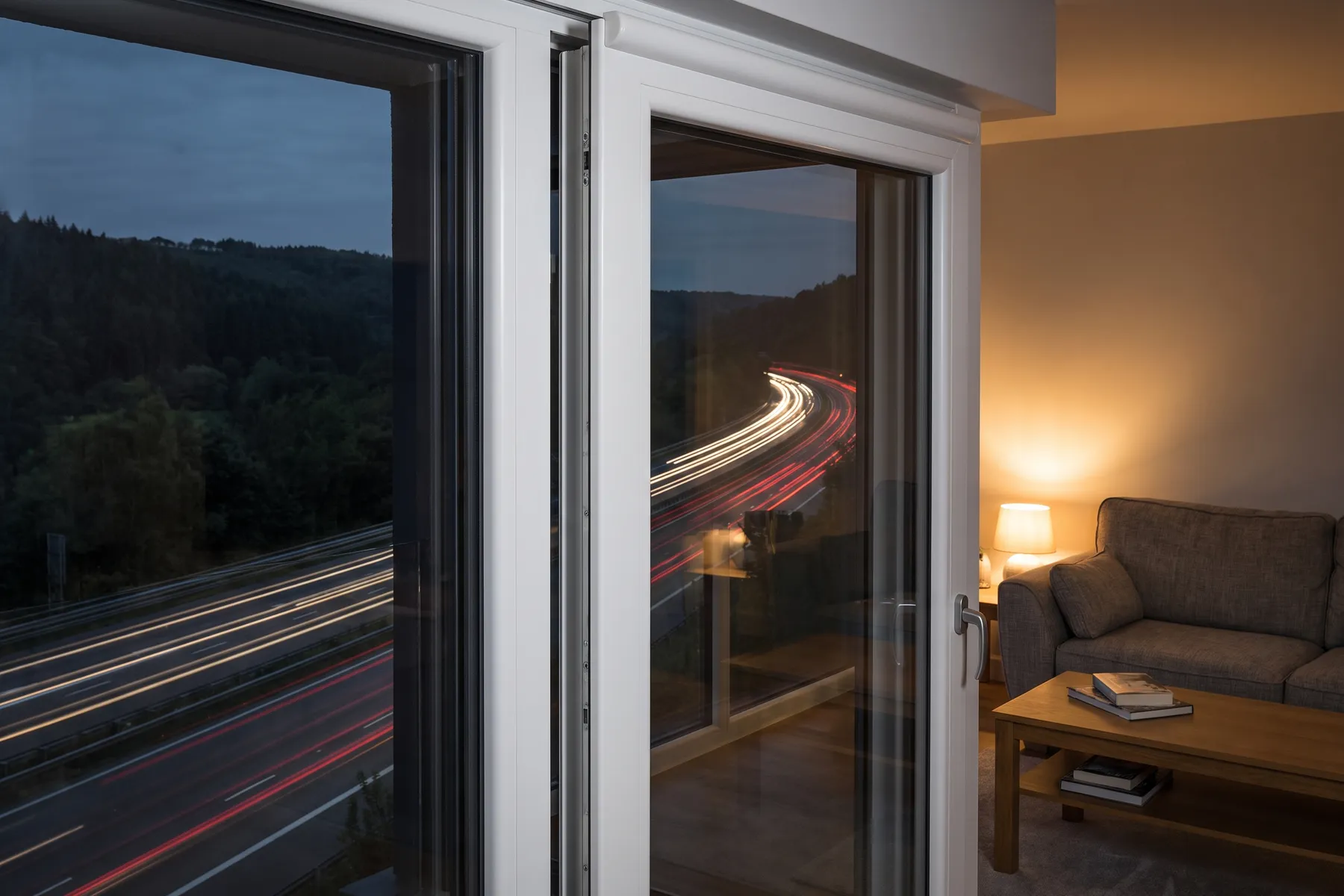 Elevable cerrada frente a una autovía, con las juntas continuas en el encuentro de hojas. Al cerrar, la hoja se posa y aprieta contra el marco, que es lo que una corredera tradicional no hace.