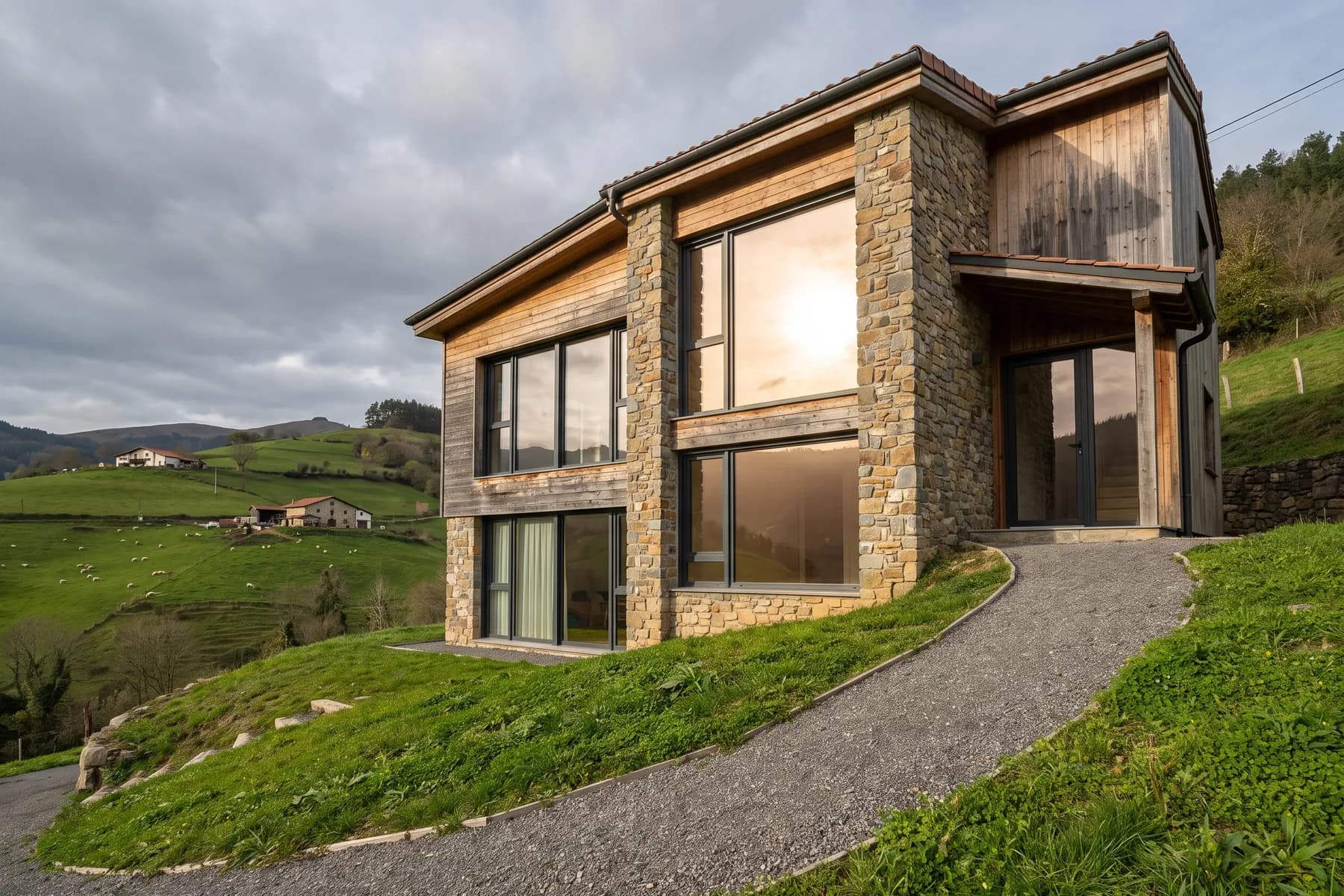 Casa de ladera con dos fachadas a orientaciones distintas. Al sur y al oeste conviene control solar; al norte, bajo emisivo: por eso se desglosa el vidrio por fachada.