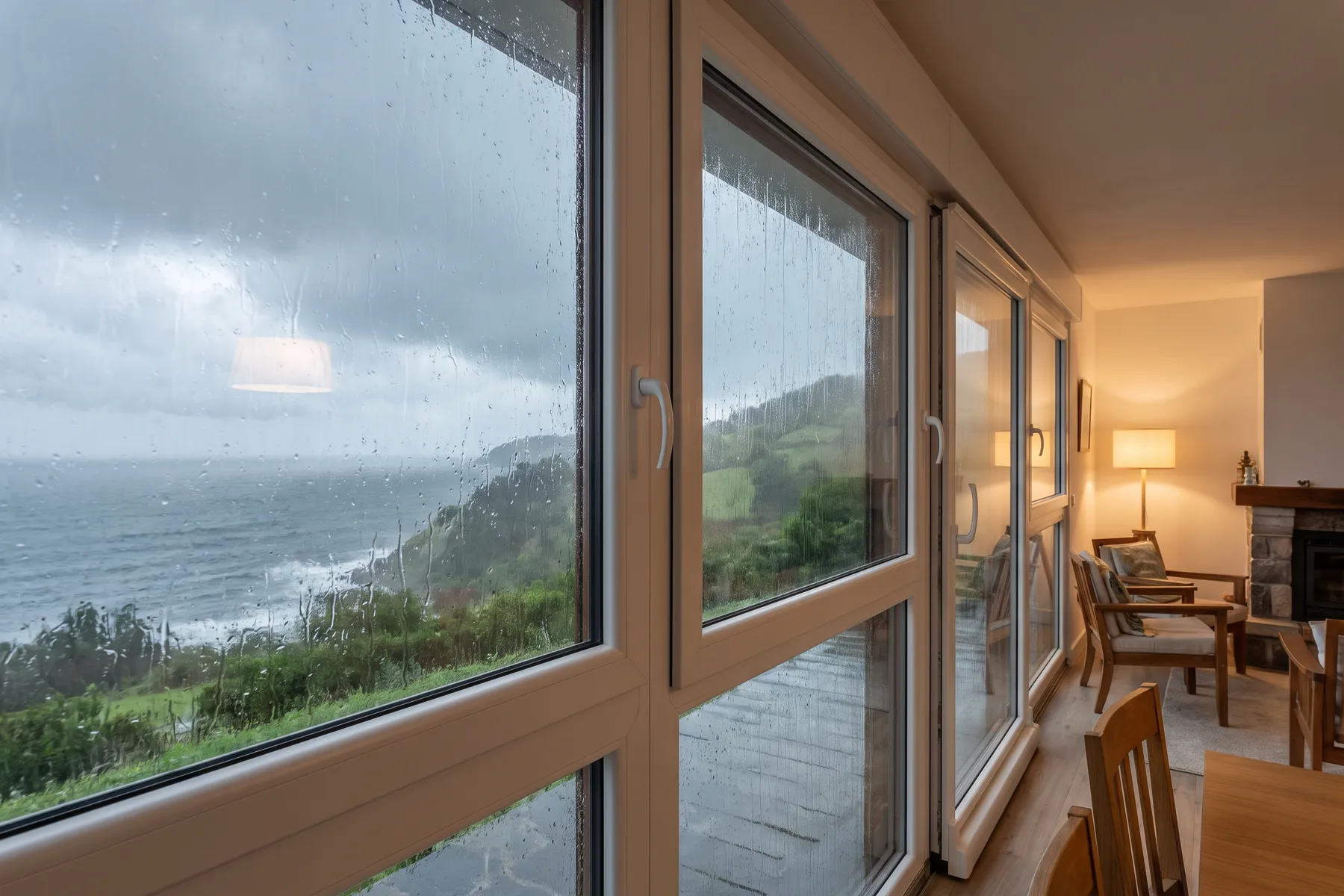 Ventanal grande bajo lluvia y viento atlánticos. Con unos 1.200 milímetros de lluvia al año, la estanqueidad y el desagüe pesan tanto como el aislamiento.
