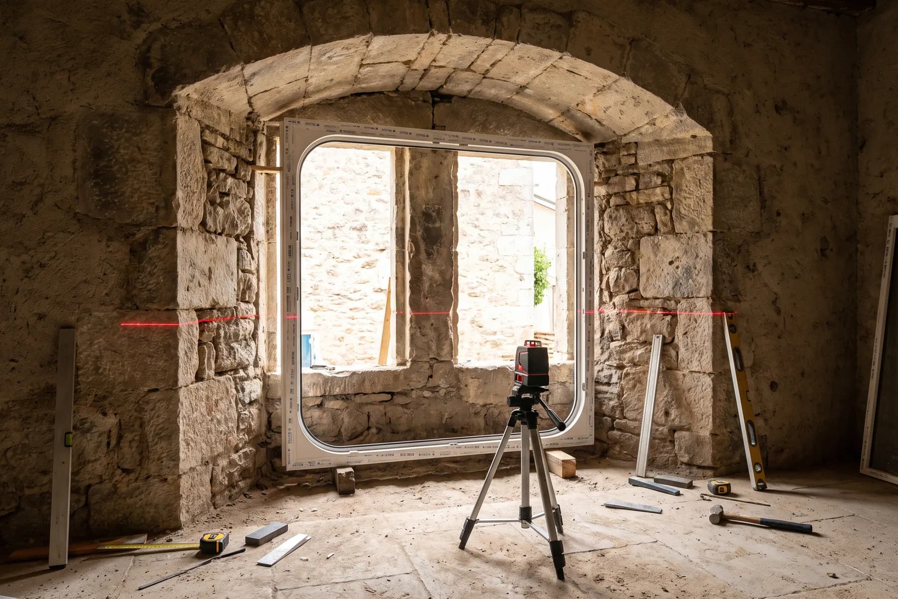 Hueco antiguo fuera de escuadra con el nivel láser marcando la línea. En una elevable el carril tiene que quedar perfectamente nivelado, y eso se compensa en obra hueco por hueco.