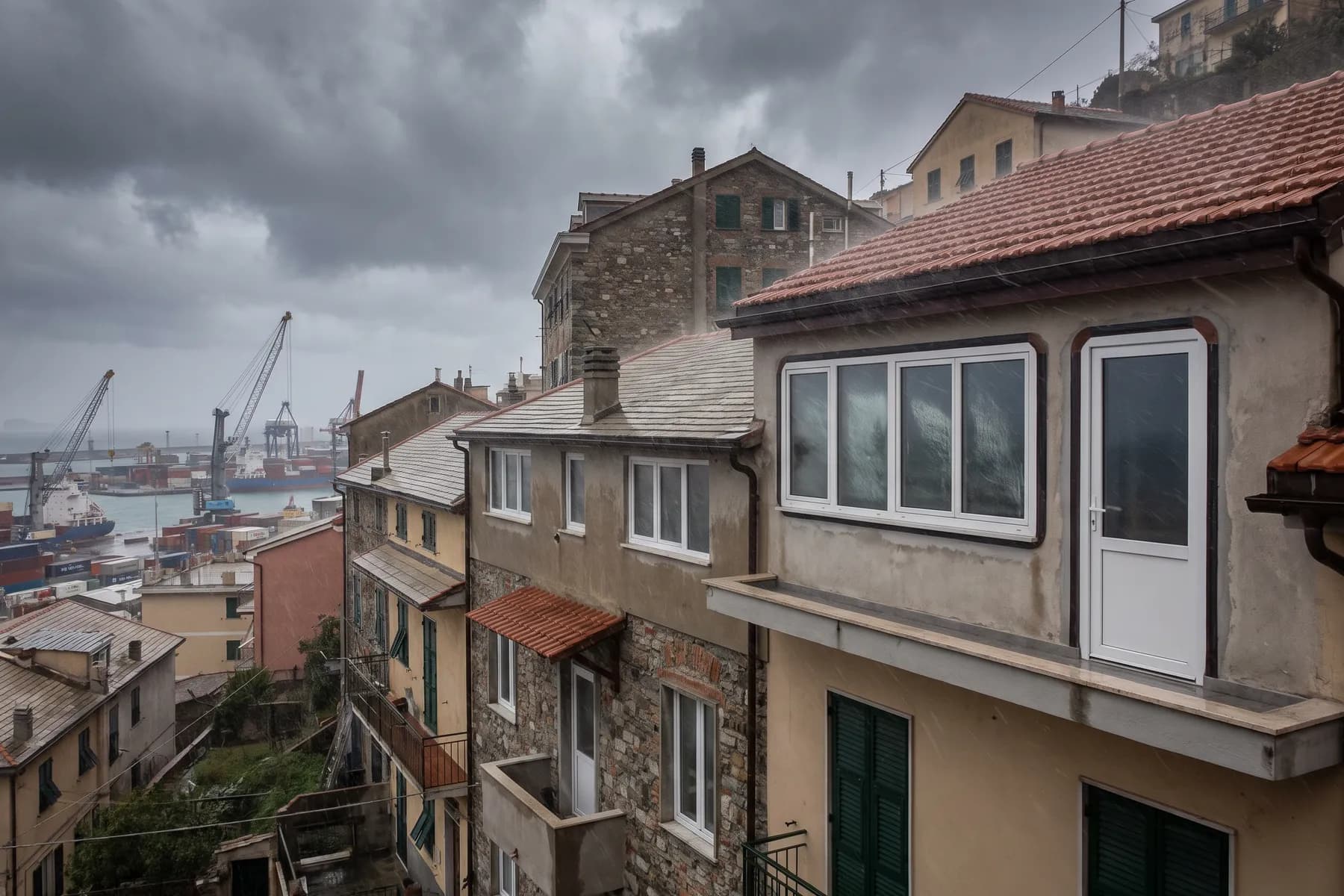Viviendas escalonadas sobre el puerto. En la misma ladera, una planta queda resguardada y otra recibe el noroeste de lleno: cada una pide su ventana.